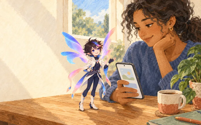 Painting: a person at a desk reads their phone while Taffy, a small winged character, stands beside their arm.