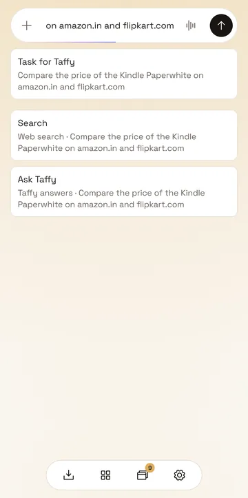 TaffyGo's start page with a request typed into its one box. The app offers it three ways: as a task for Taffy, as a search, or as a question for Taffy.