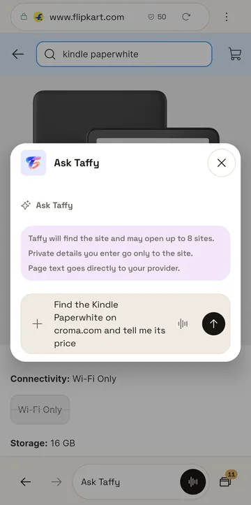 The Ask Taffy panel with a request to find a Kindle Paperwhite's price on croma.com. Above the box Taffy says it may open up to 8 sites, that private details go only to the site, and that page text goes directly to your provider.