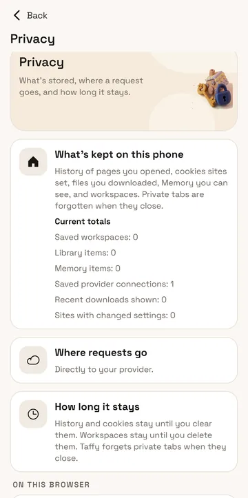 The Privacy screen: what's kept on this phone with current totals, where requests go (directly to your provider), and how long things stay.