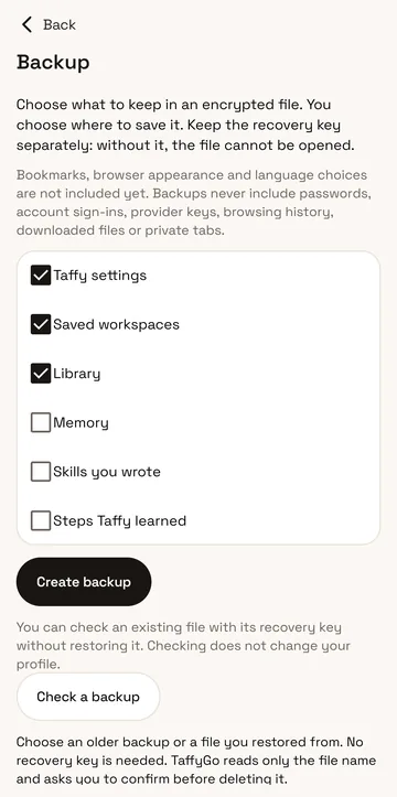 The Backup screen: checkboxes for what goes into an encrypted file, a note that backups never include passwords, sign-ins, provider keys, browsing history, downloads or private tabs, and a Create backup button.