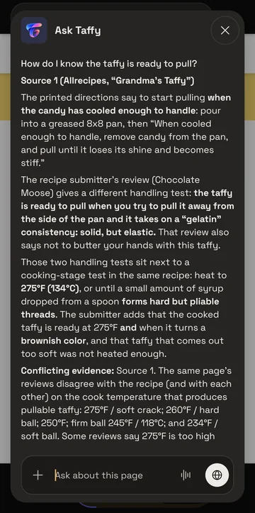Taffy answering a question about a recipe page in the dark theme, naming its source and pointing out where the page's reviews disagree.